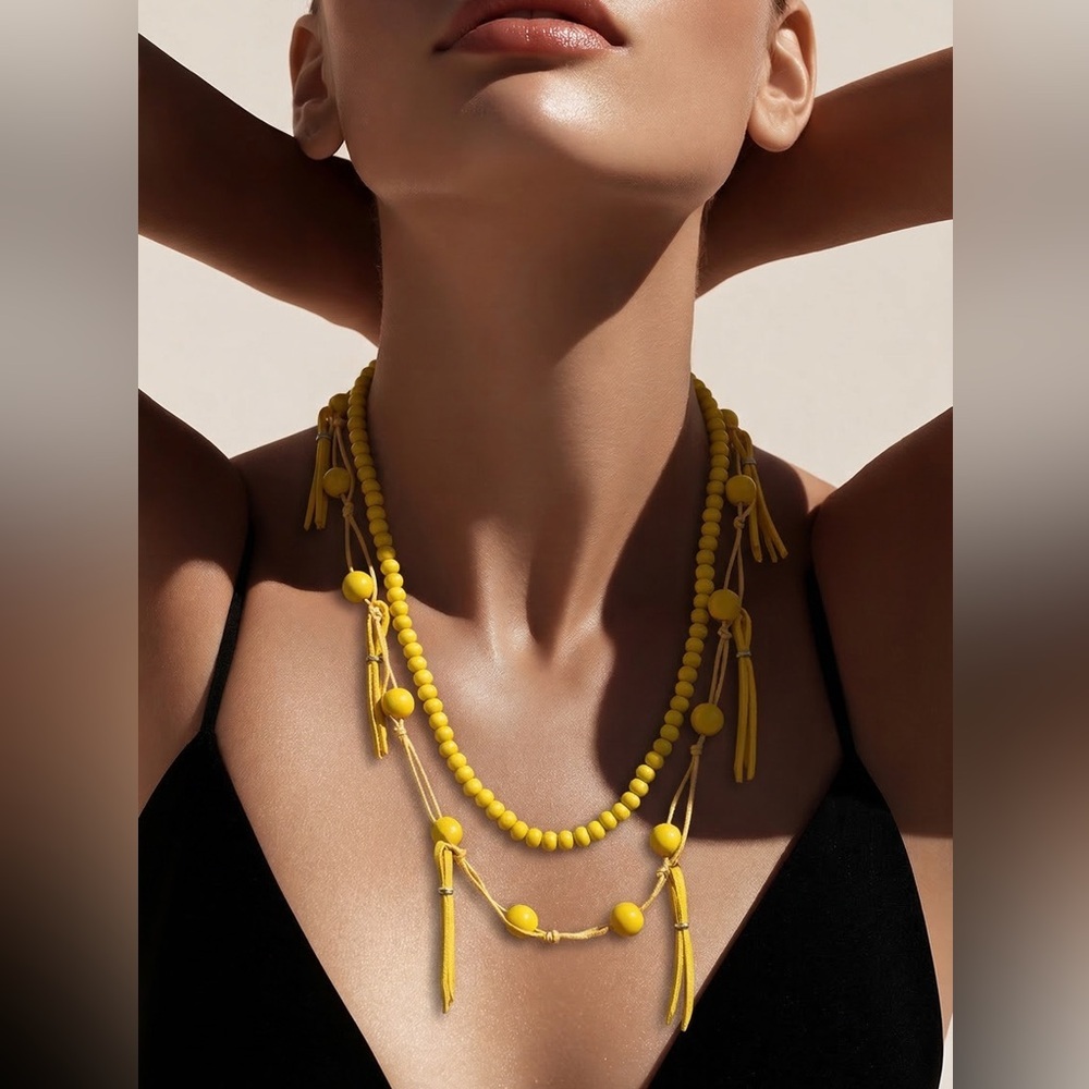 NWT Bohemian Gypsy Style Necklace - 54” Strand Leather & Beads - Color Yellow